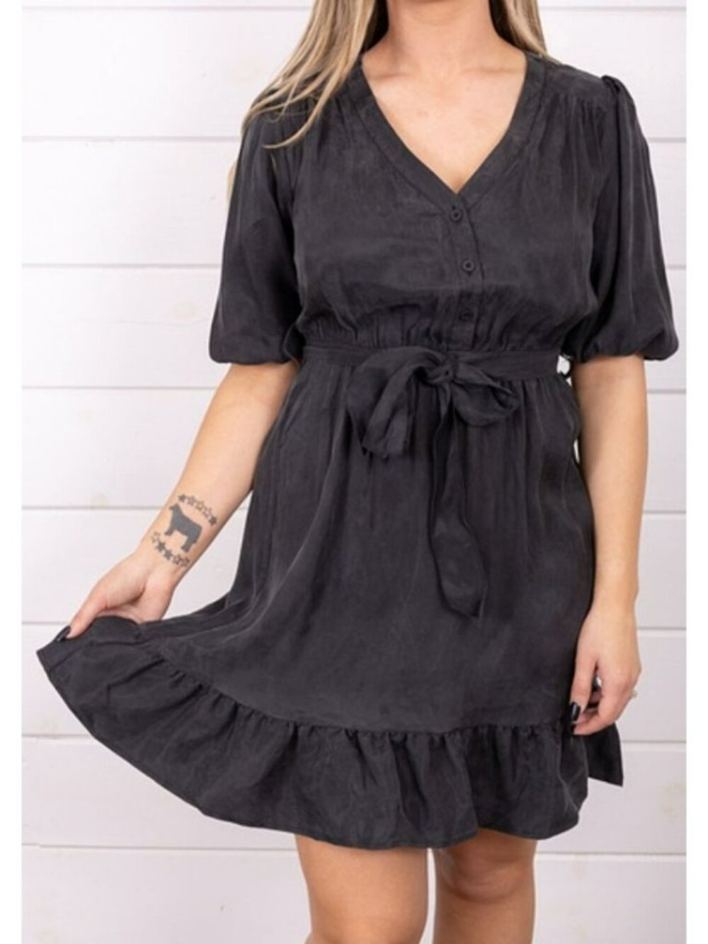 Velvet Heart Womens Gray V-Neck Midi Dress Puff Sleeves & Ruffle Hem Size M